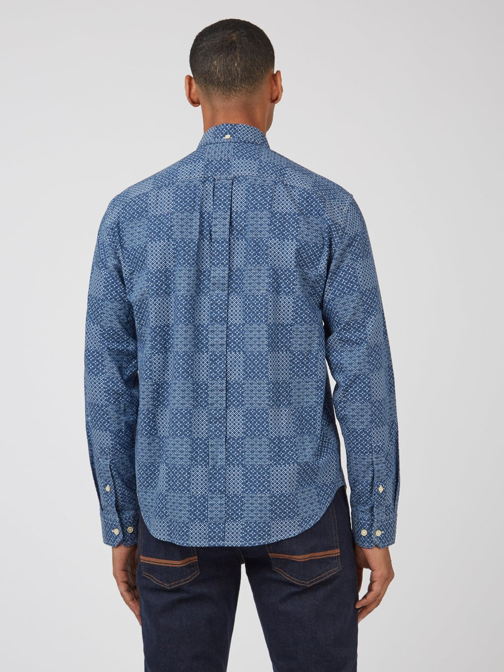 Ben Sherman Chambray Patchwork Geo Print Long-Sleeve Hemd Blau | BAP-698247