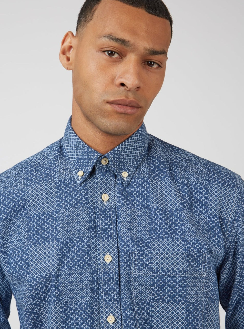 Ben Sherman Chambray Patchwork Geo Print Long-Sleeve Hemd Blau | BAP-698247