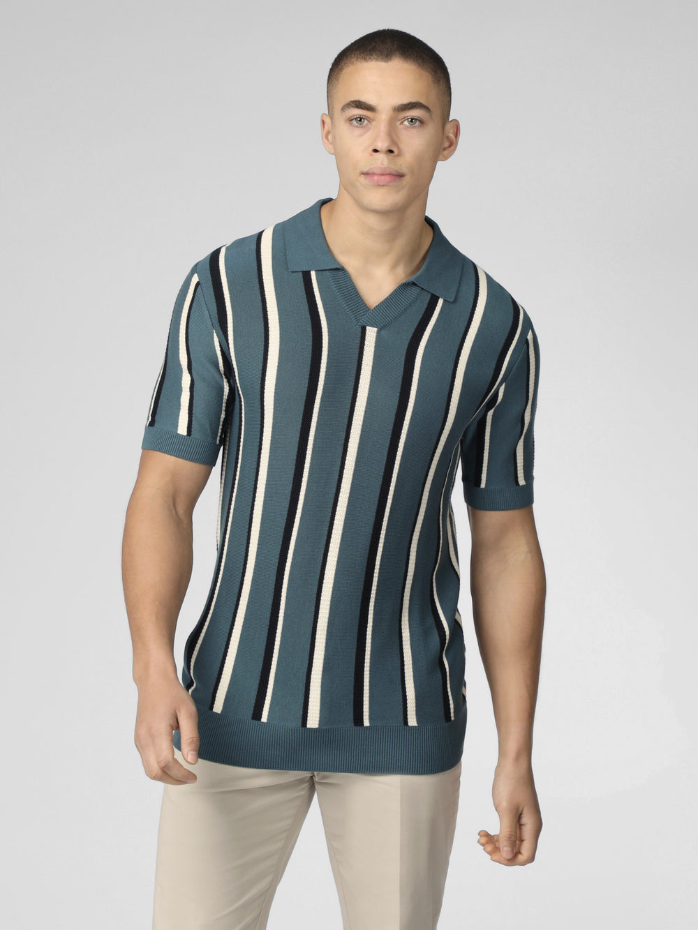 Ben Sherman Signature Vertical Stripe Open Neck Polo Strickwaren Türkis | TRF-704168